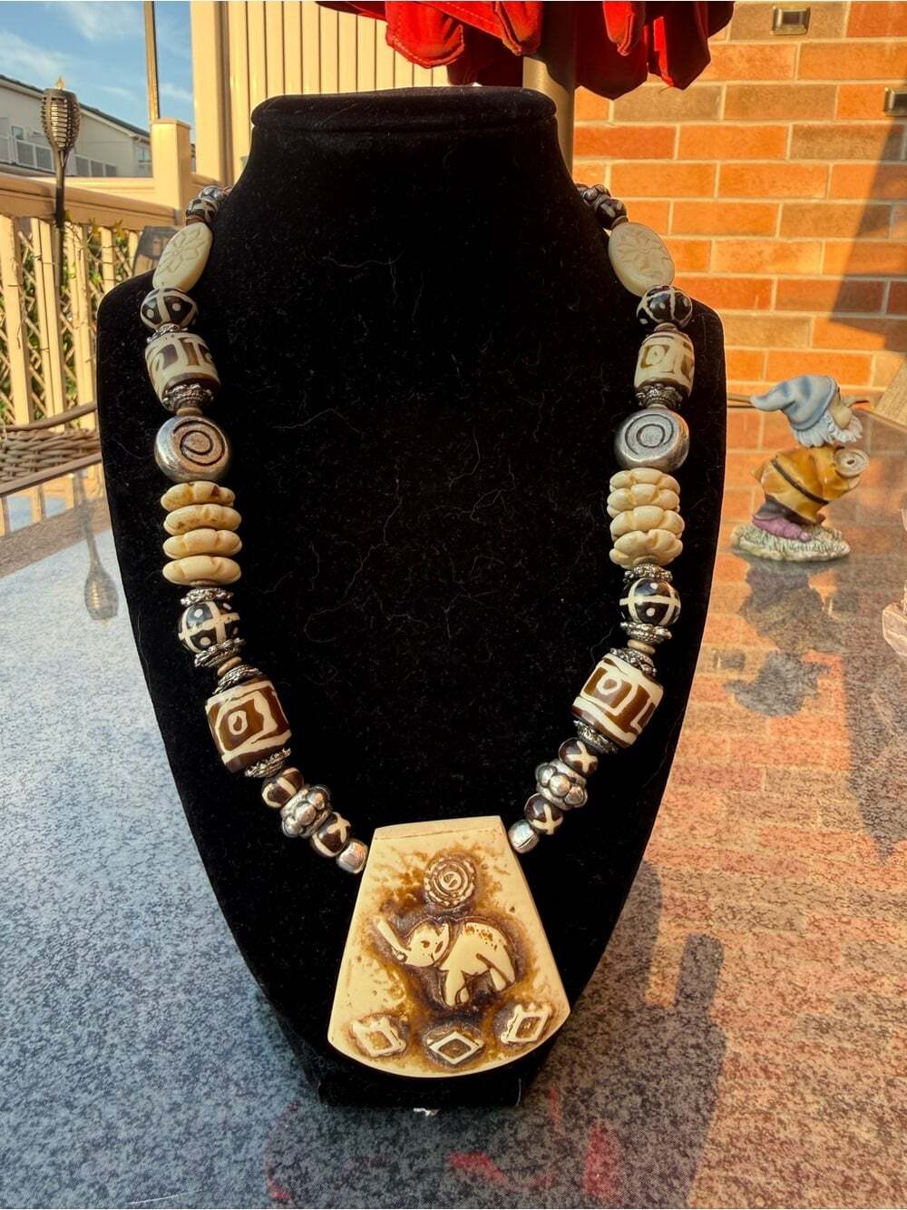 Handcrafted Carved Bone Elephant Pendant Necklace & Earrings Set - Picture 2 of 9